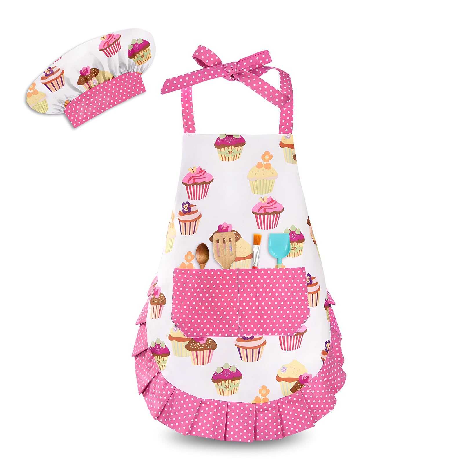 HKKDKTA Kids apron with cupcake pattern for playful baking sessions.