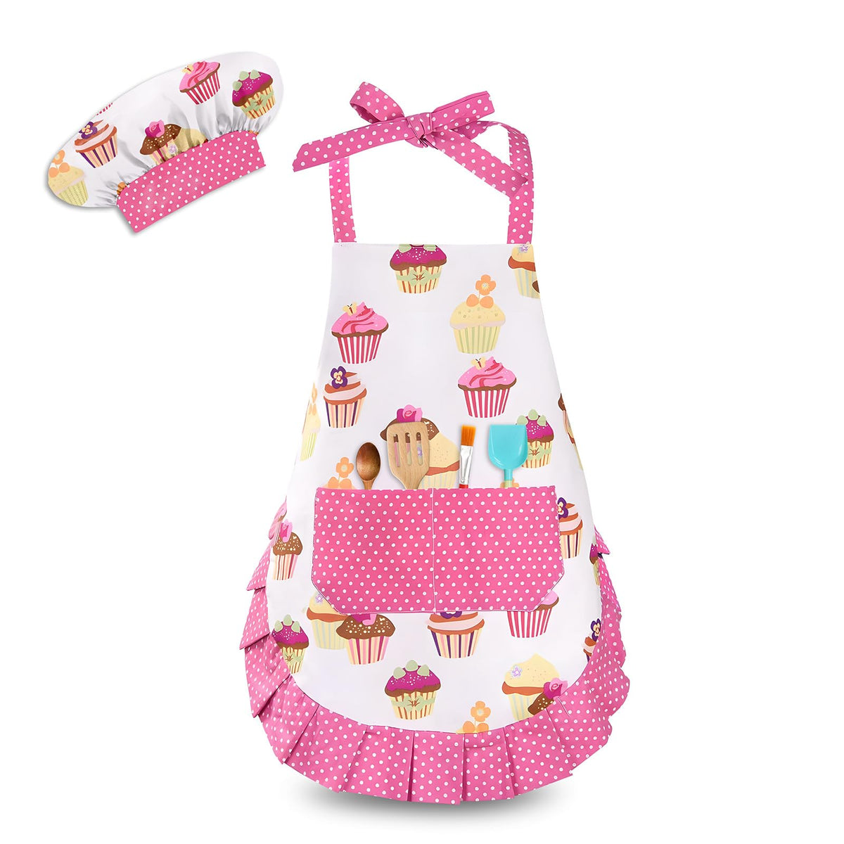 HKKDKTA Kids apron with cupcake pattern for playful baking sessions.