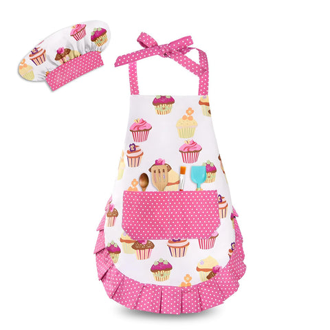 HKKDKTA Kids apron with cupcake pattern for playful baking sessions.