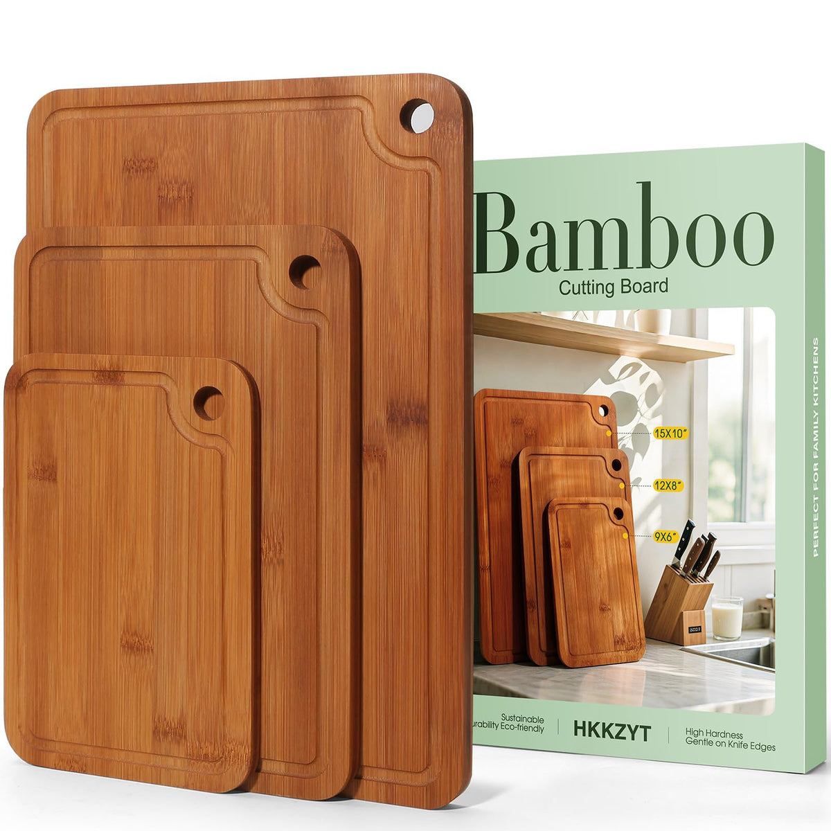HKKZYT bamboo cutting board large board with side handle for easy chopping and serving.