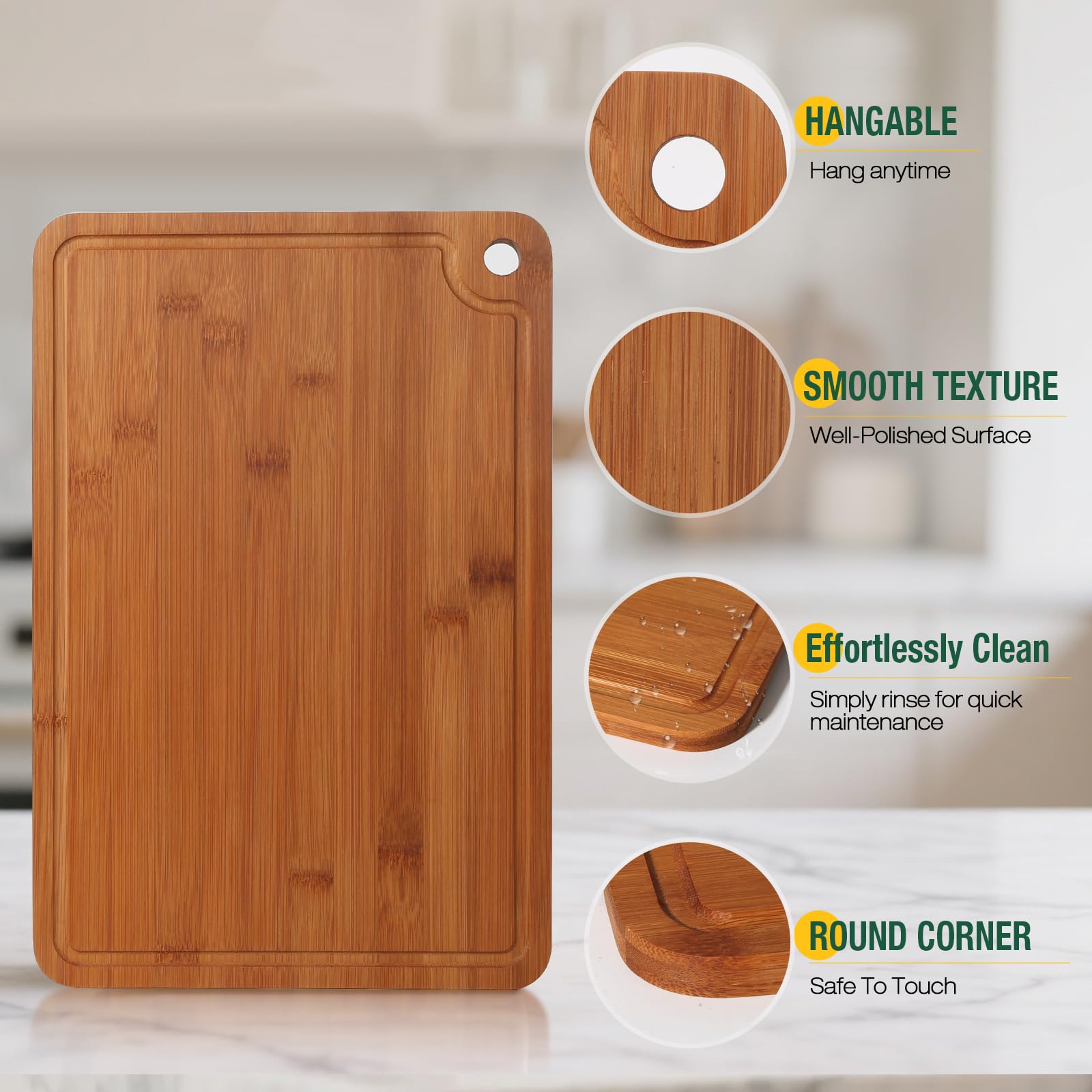 HKKZYT medium bamboo board with juice groove for cleaner prep.