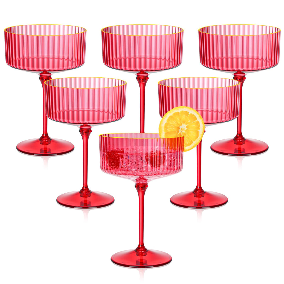 HKSZEH red ribbed martini glasses with 10 oz capacity for elegant cocktails.