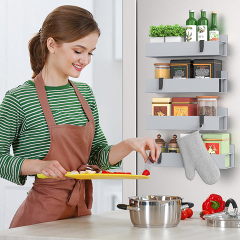 Hleelomi spice bottles neatly arranged on rack for easy cooking