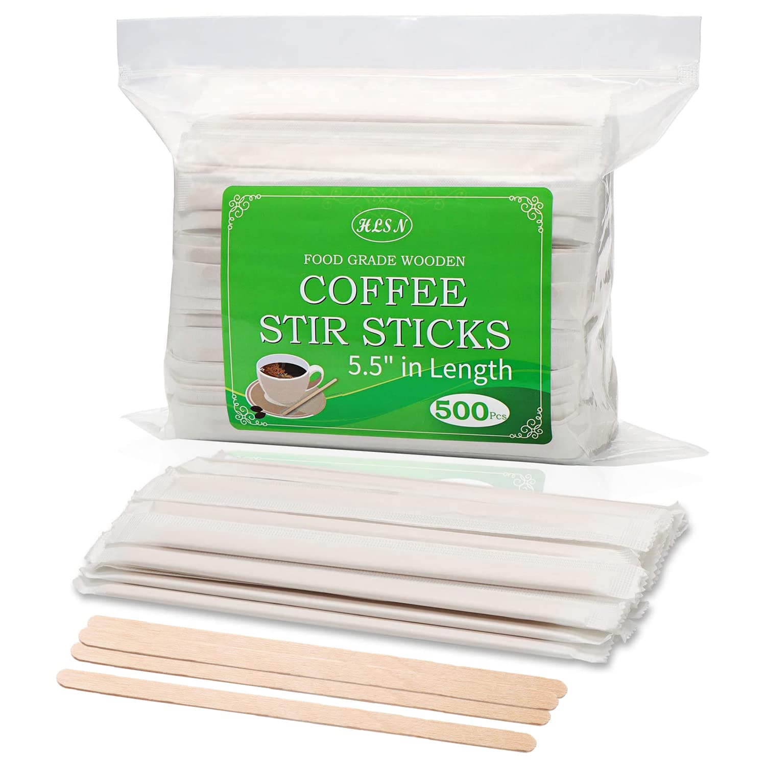 HLSN birch stirrers 5.5 inch individually wrapped for clean coffee stirring