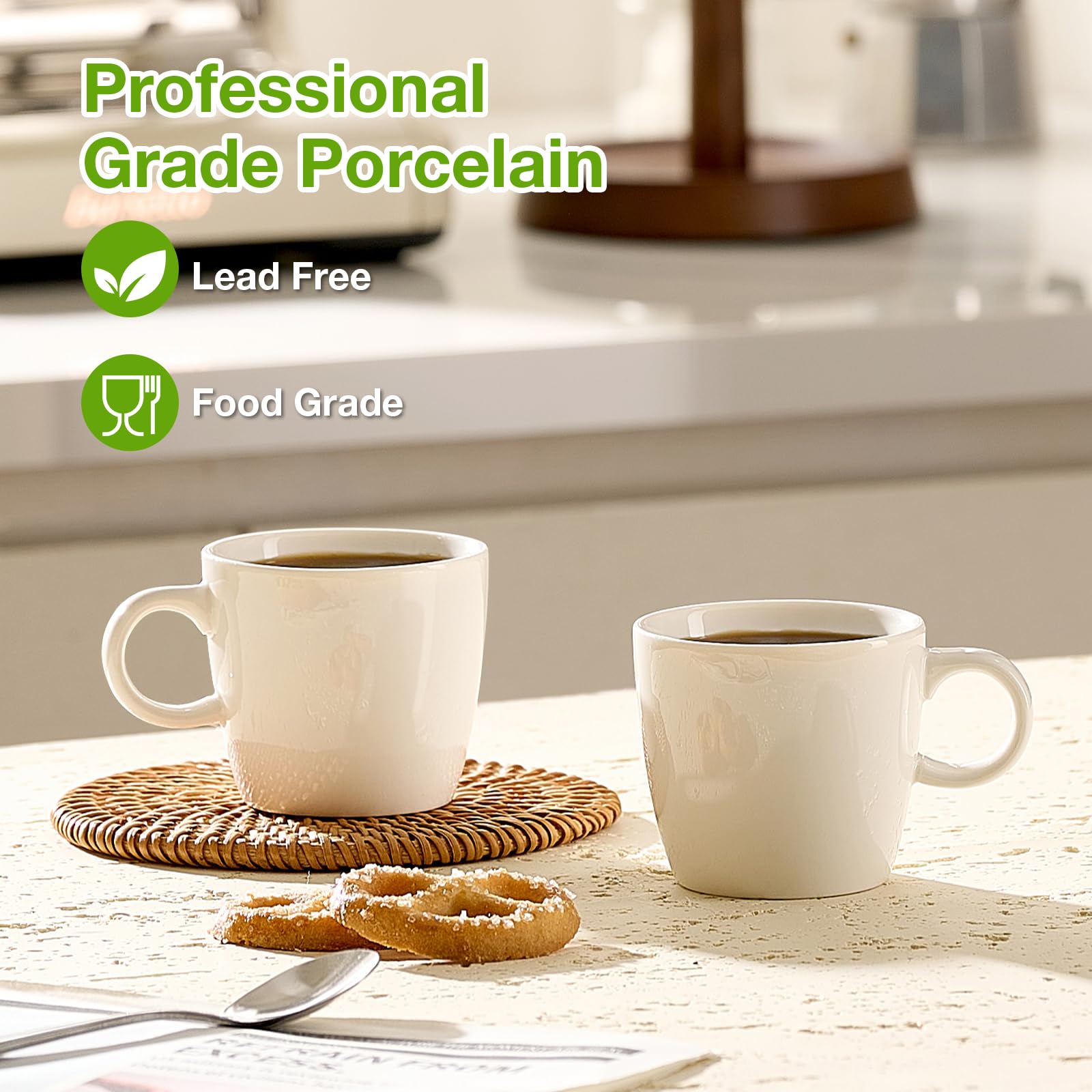 Hlukana porcelain cups feature an ergonomic handle for easy grip.