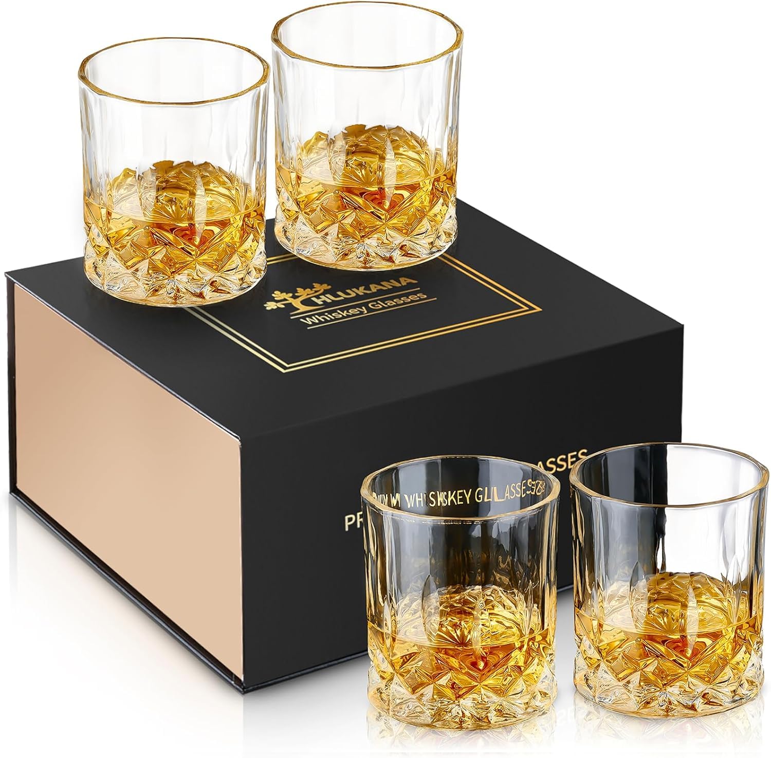 Hlukana old-fashioned glasses in a bar setup with sturdy 11 oz capacity for generous pours.