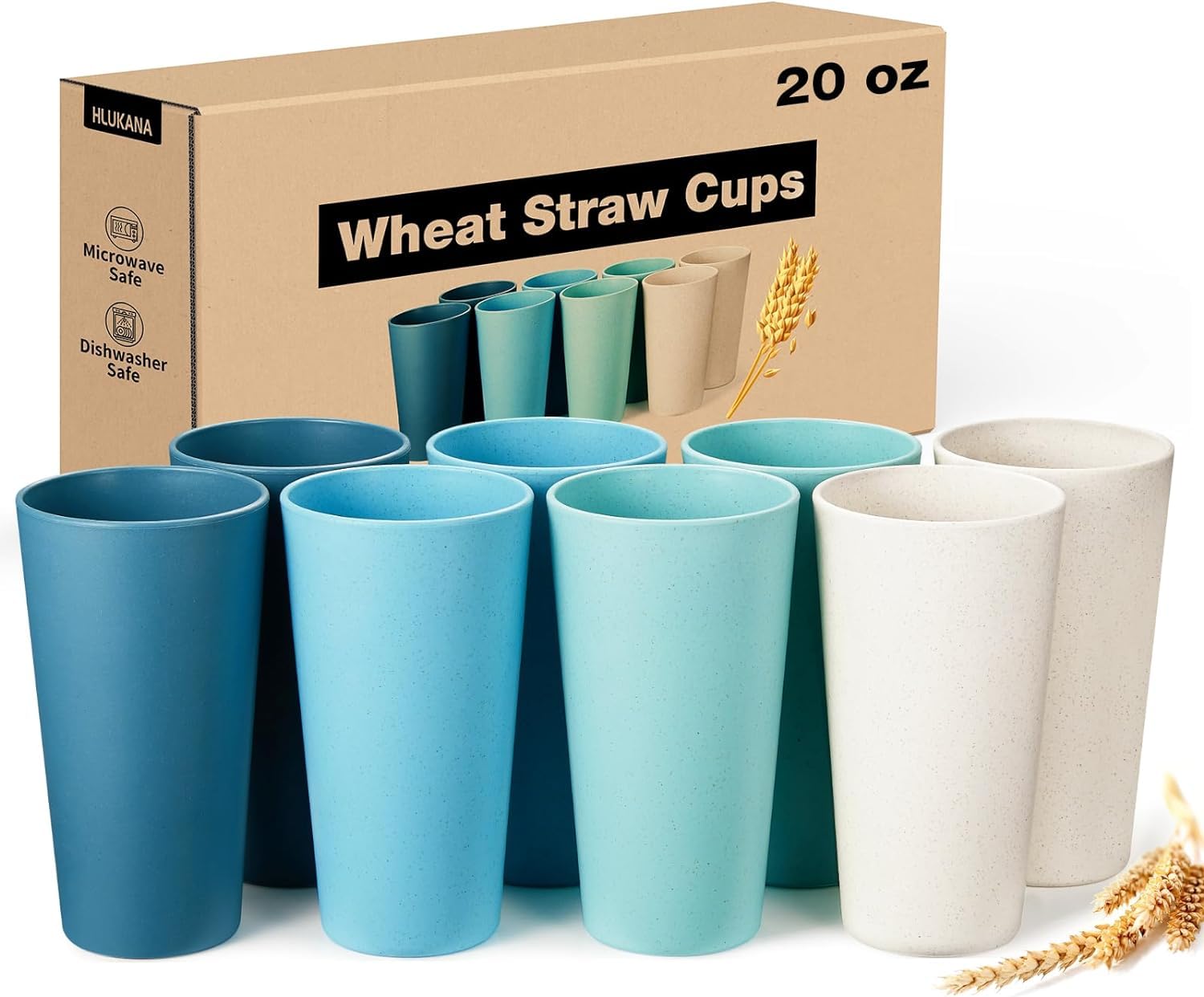 Hlukana wheat straw cups 8-pack 20oz for durable, kid-friendly hydration at home.