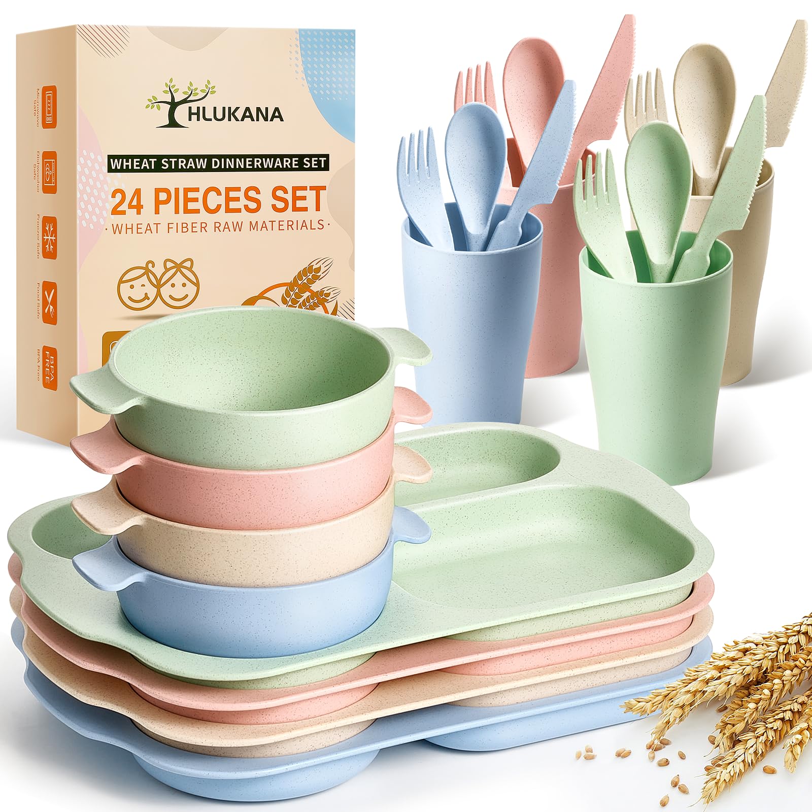 Hlukana wheat straw divided plates in natural beige, durable for daily family meals.