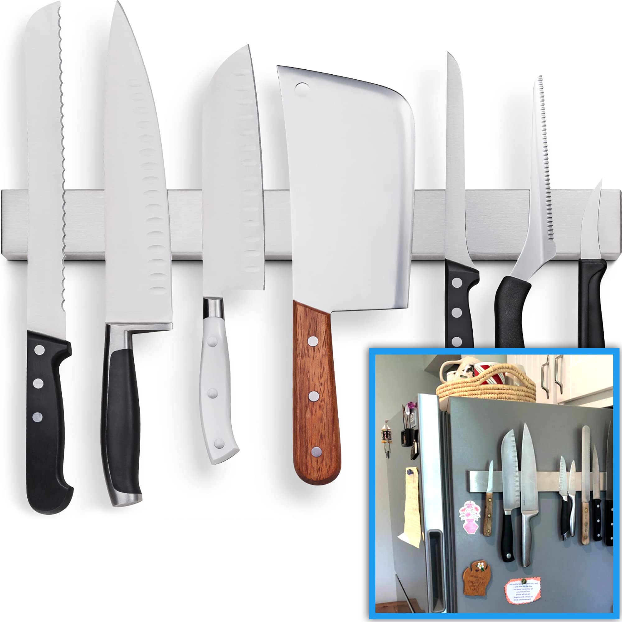 HMmagnets 17-inch knife strip on fridge enables quick knife access