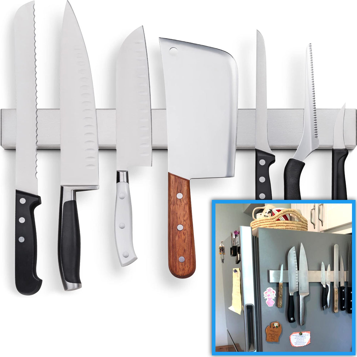 HMmagnets 17-inch knife strip on fridge enables quick knife access