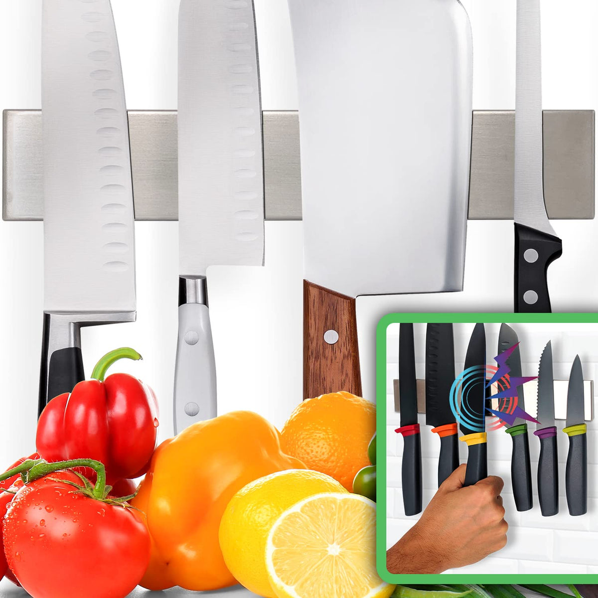 HMmagnets 10-inch knife strip on wall showing strong magnetic hold for various blades