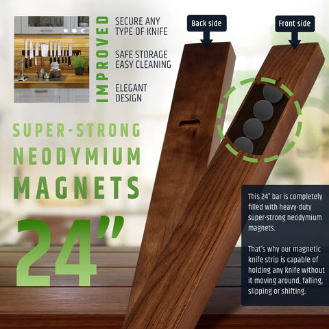 Close-up of hidden magnets in walnut wood for rust-free knife retention