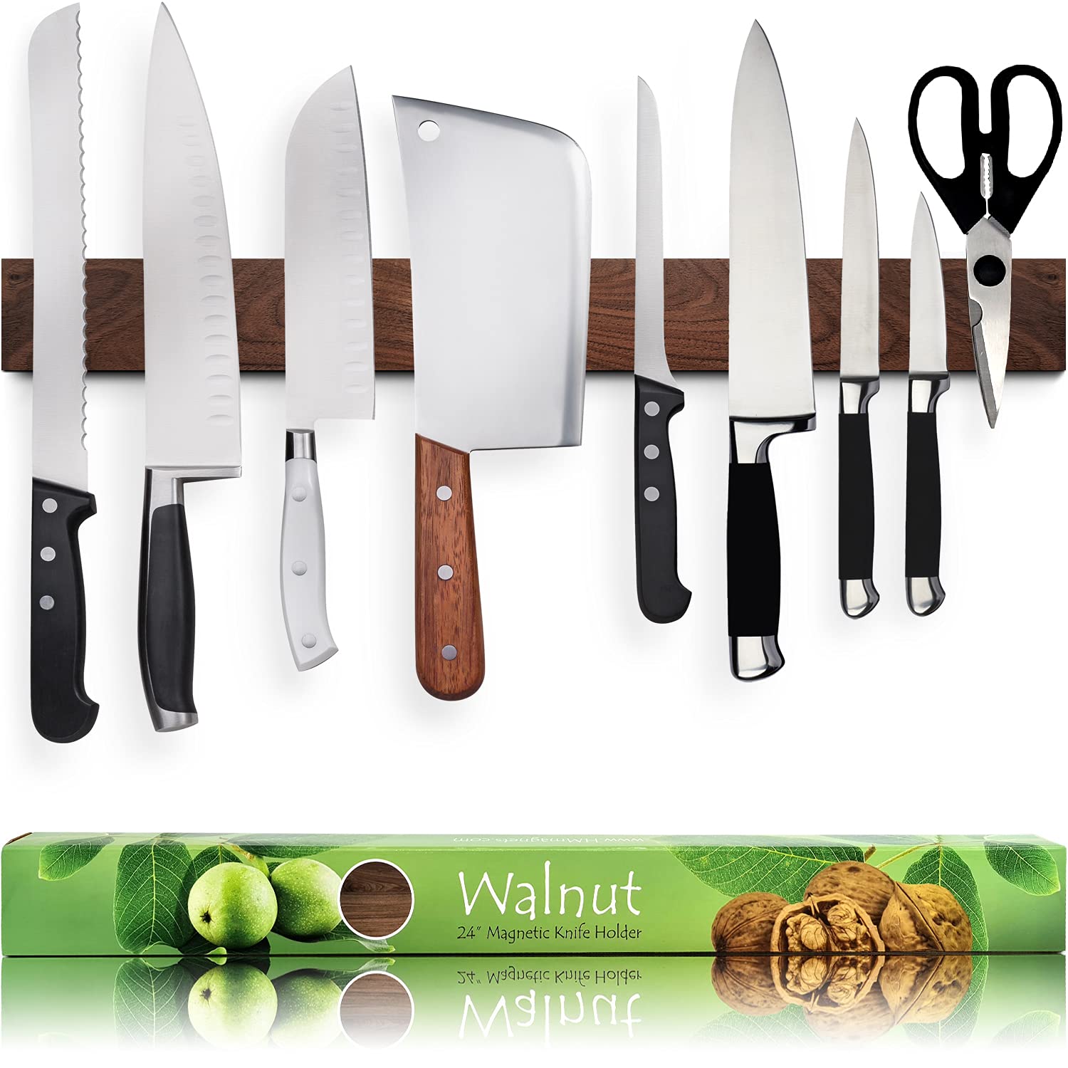 HMmagnets 24-inch dark walnut knife strip mounted on wall for organized storage