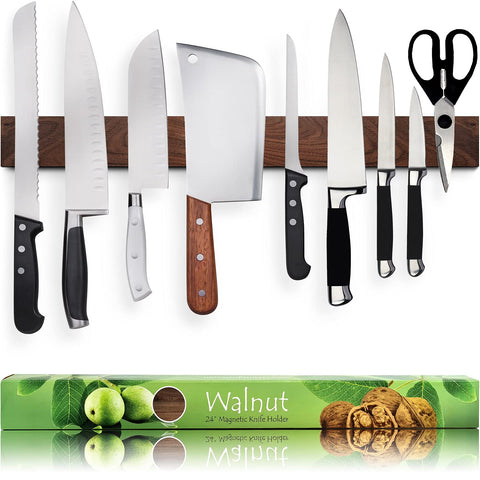 HMmagnets 24-inch dark walnut knife strip mounted on wall for organized storage