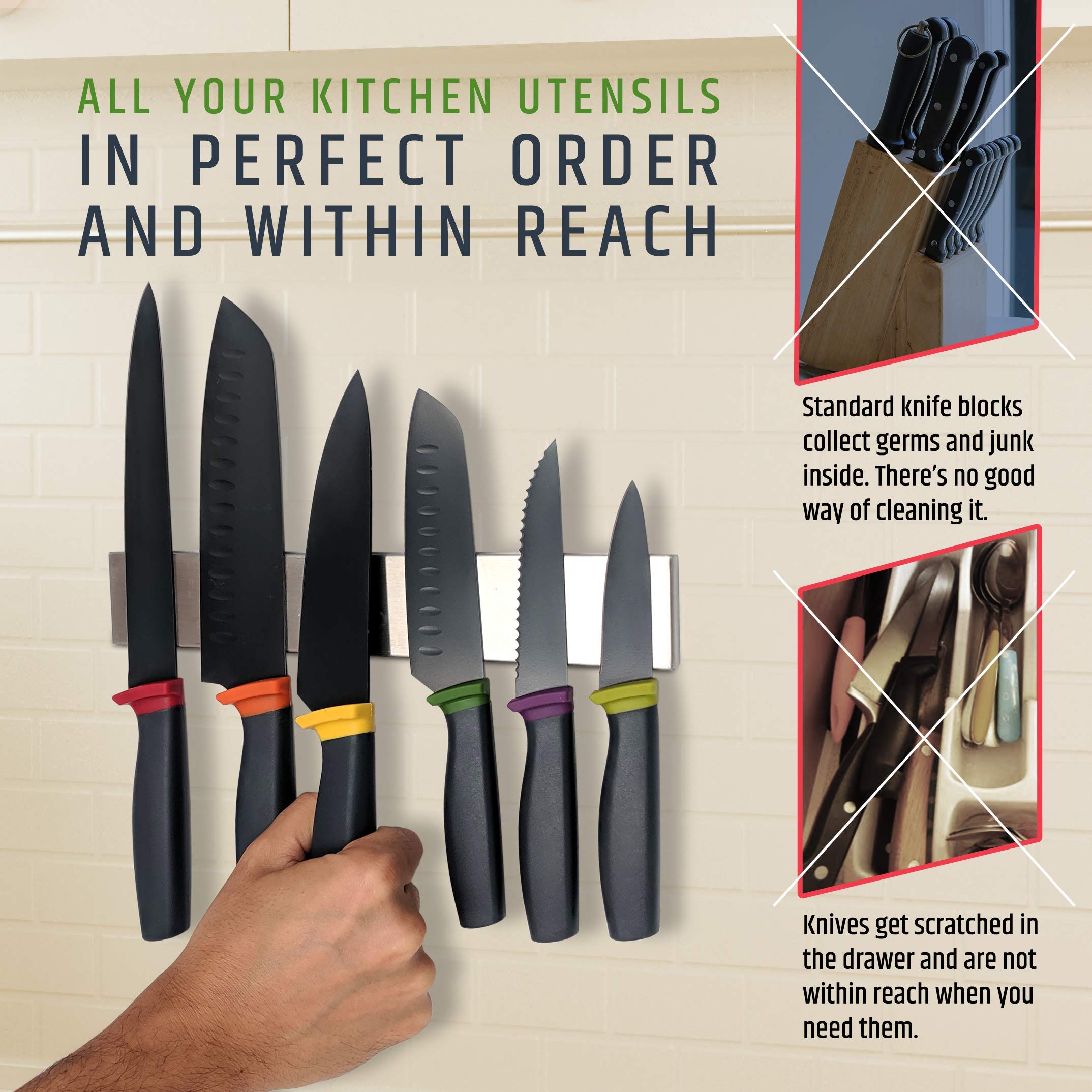 Secure knife storage demo with heavy chef and paring knives using HMmagnets strip