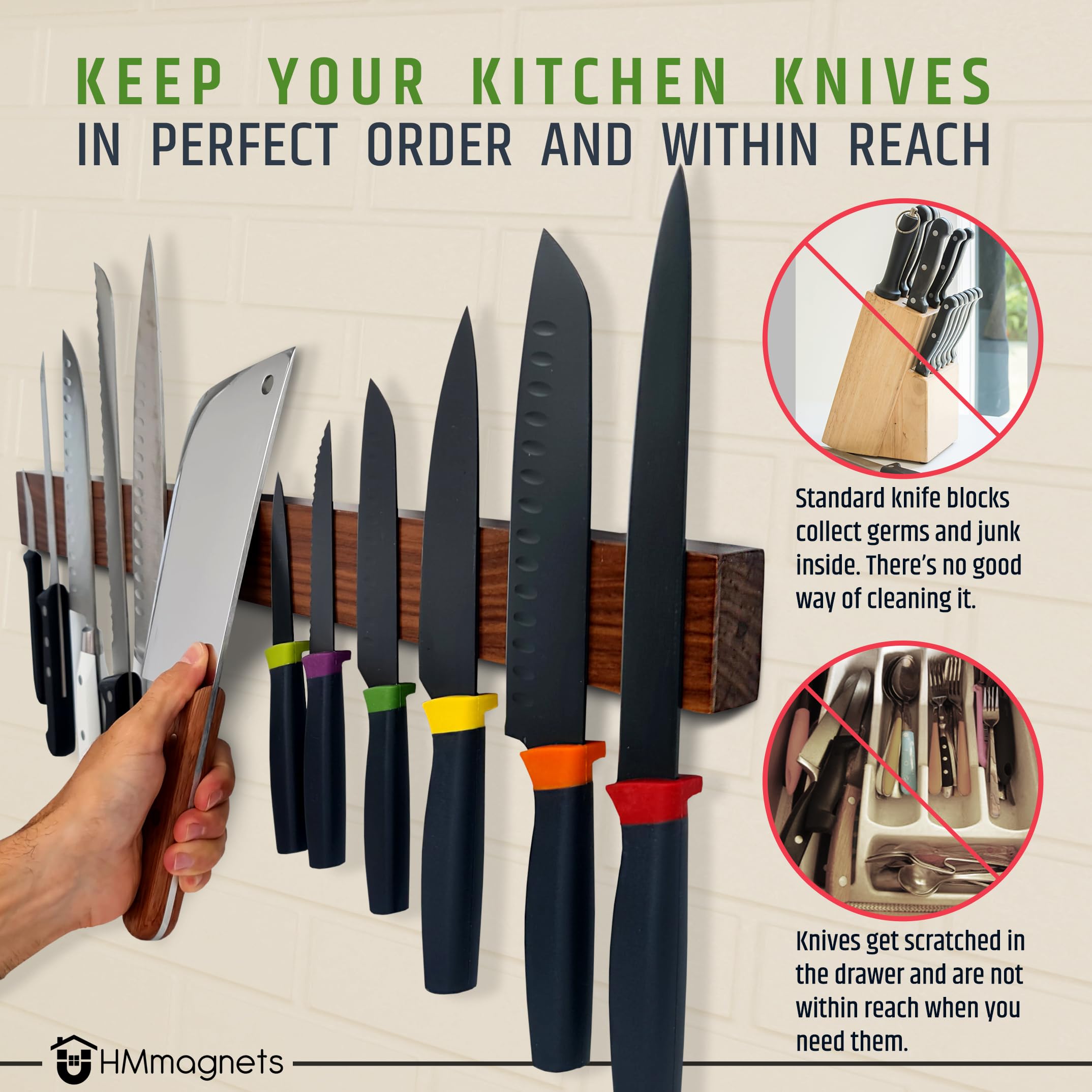 HMmagnets wall-mounted knife strip securely holds diverse knives and tools