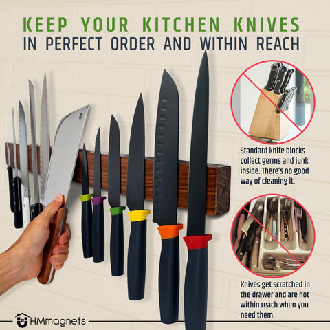 HMmagnets wall-mounted knife strip securely holds diverse knives and tools