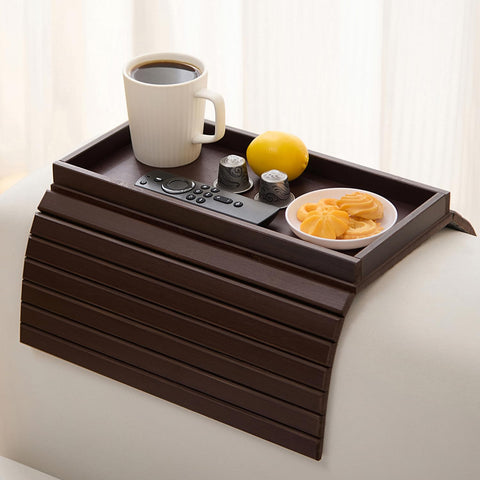 HNLISA armrest tray on sofa showing anti-slip EVA pad protects upholstery