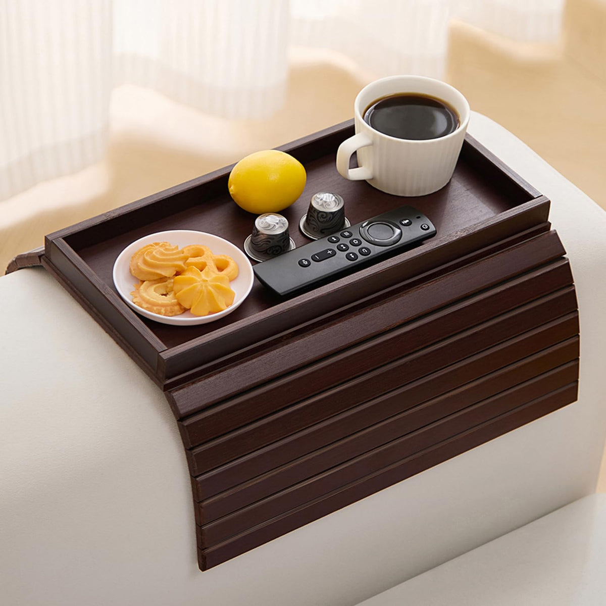HNLISA bamboo couch arm tray table on sofa arm keeps drinks within reach