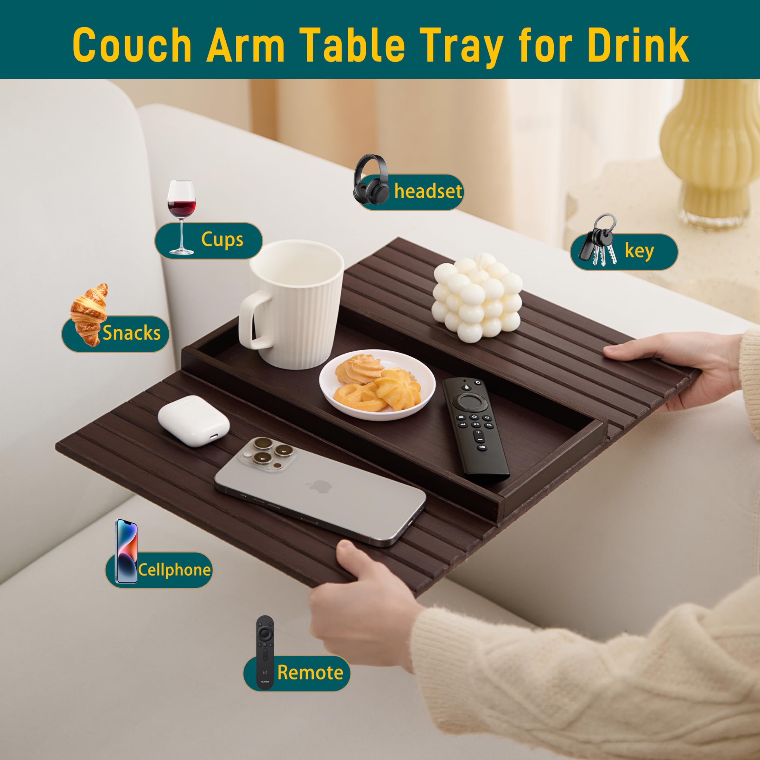 HNLISA sofa arm table securely holds cups and remotes during relaxation