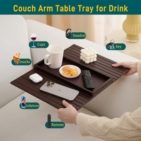 HNLISA sofa arm table securely holds cups and remotes during relaxation