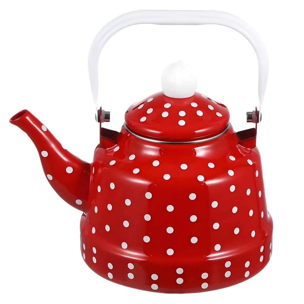Hoceium vintage enamel tea kettle with red dots, lid off for filling.