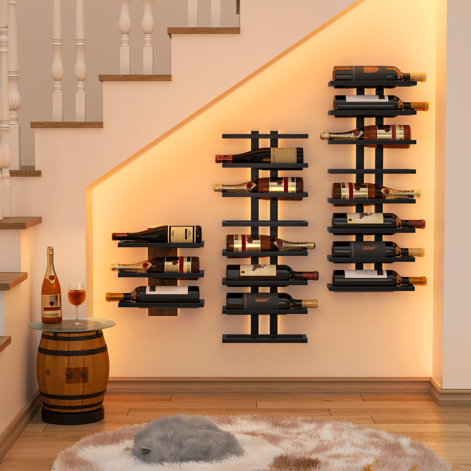 Hoctieon wall-mounted wine rack black finish enhances modern living room decor.