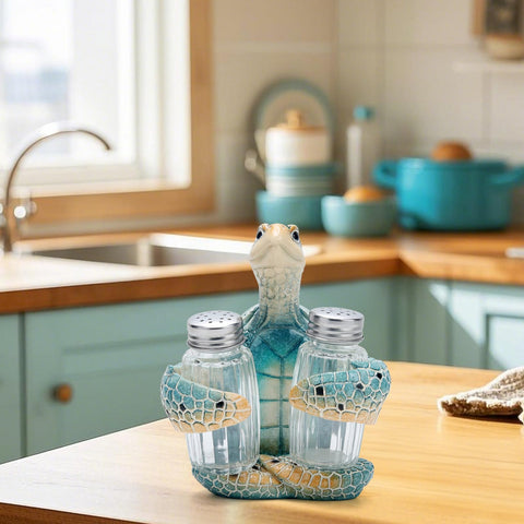 Hodao turtle salt pepper holder with glass shakers for stylish tables.