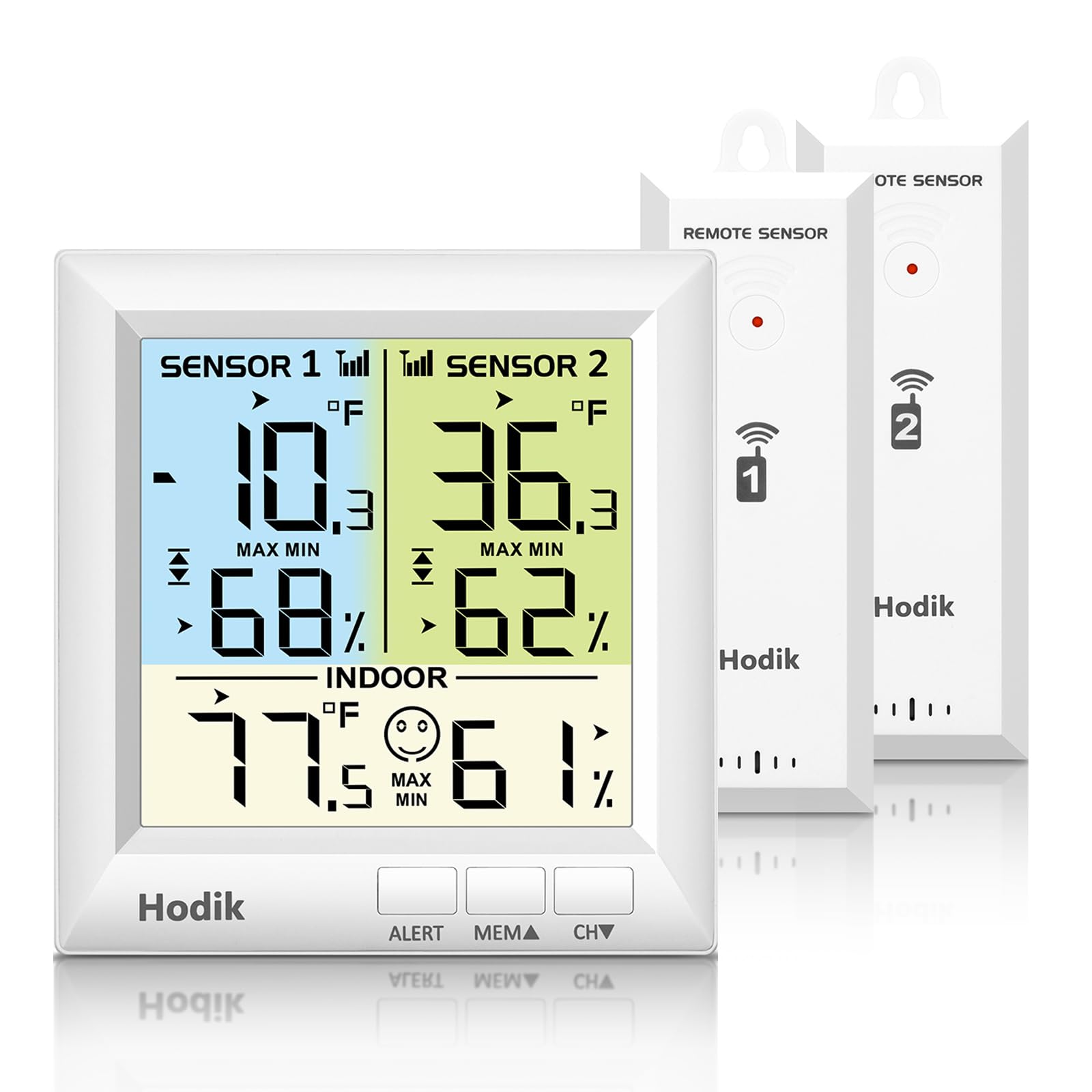 HODIK wireless freezer thermometer front display shows real-time temperature and alerts.