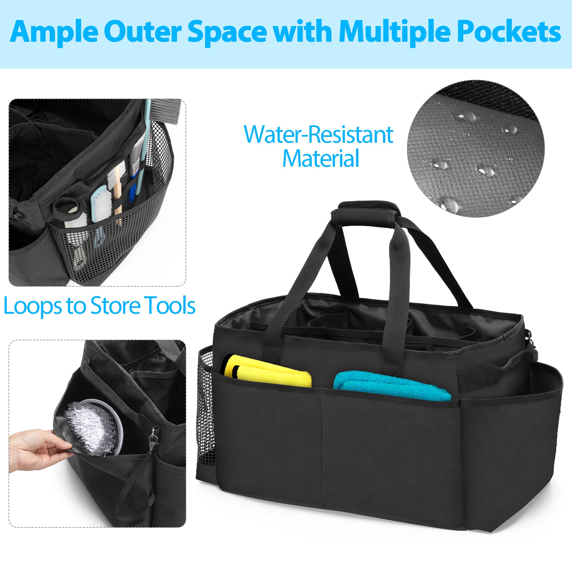 HODRANT cleaning caddy back pockets for phones or chargers during tasks.