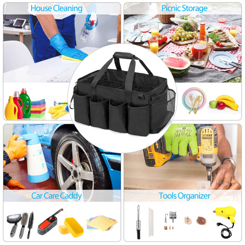 HODRANT cleaning caddy dimensions 19x11x11 inches to fit in trunks and spaces.