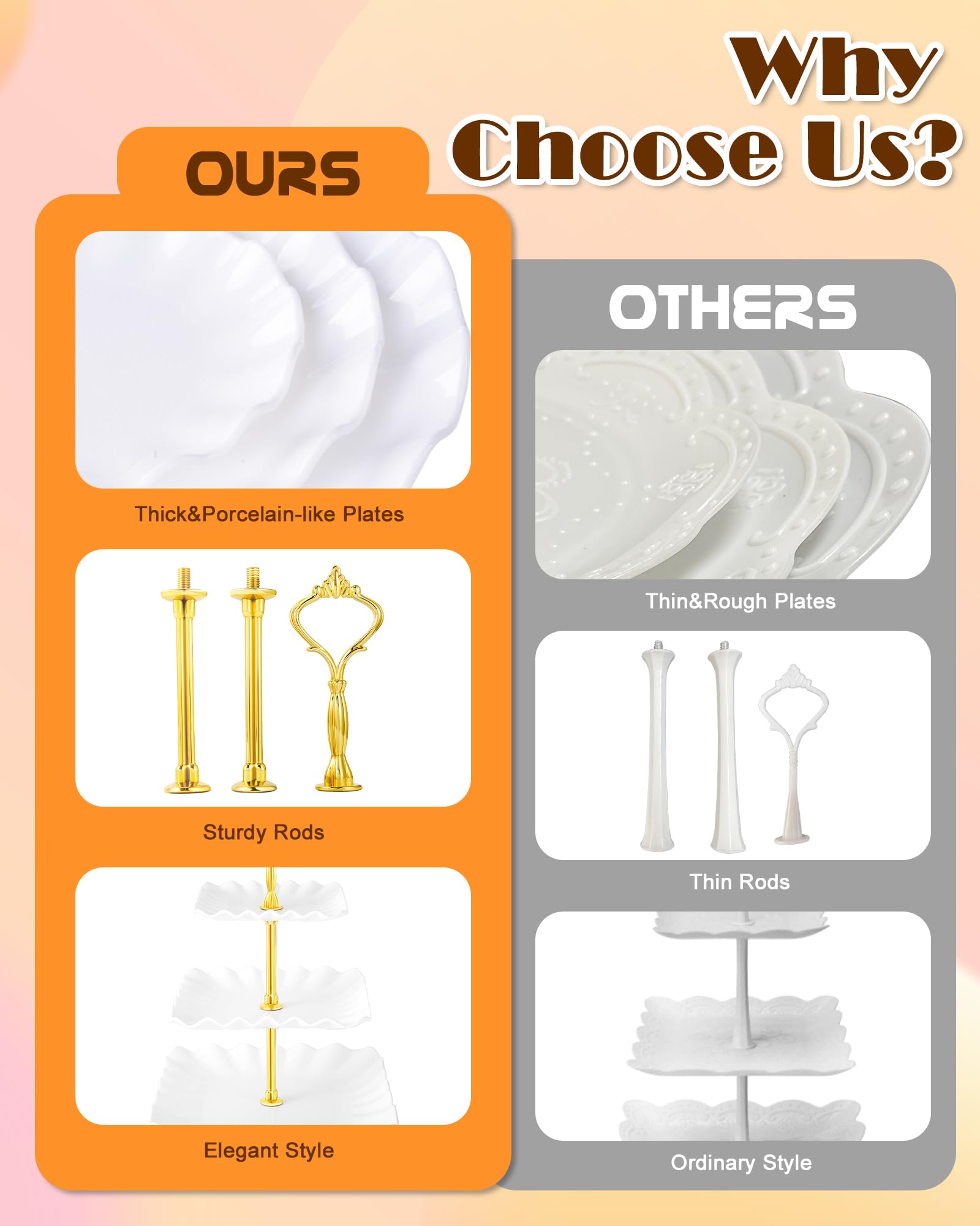 Hoedia cupcake stands show sturdy rods and stable construction