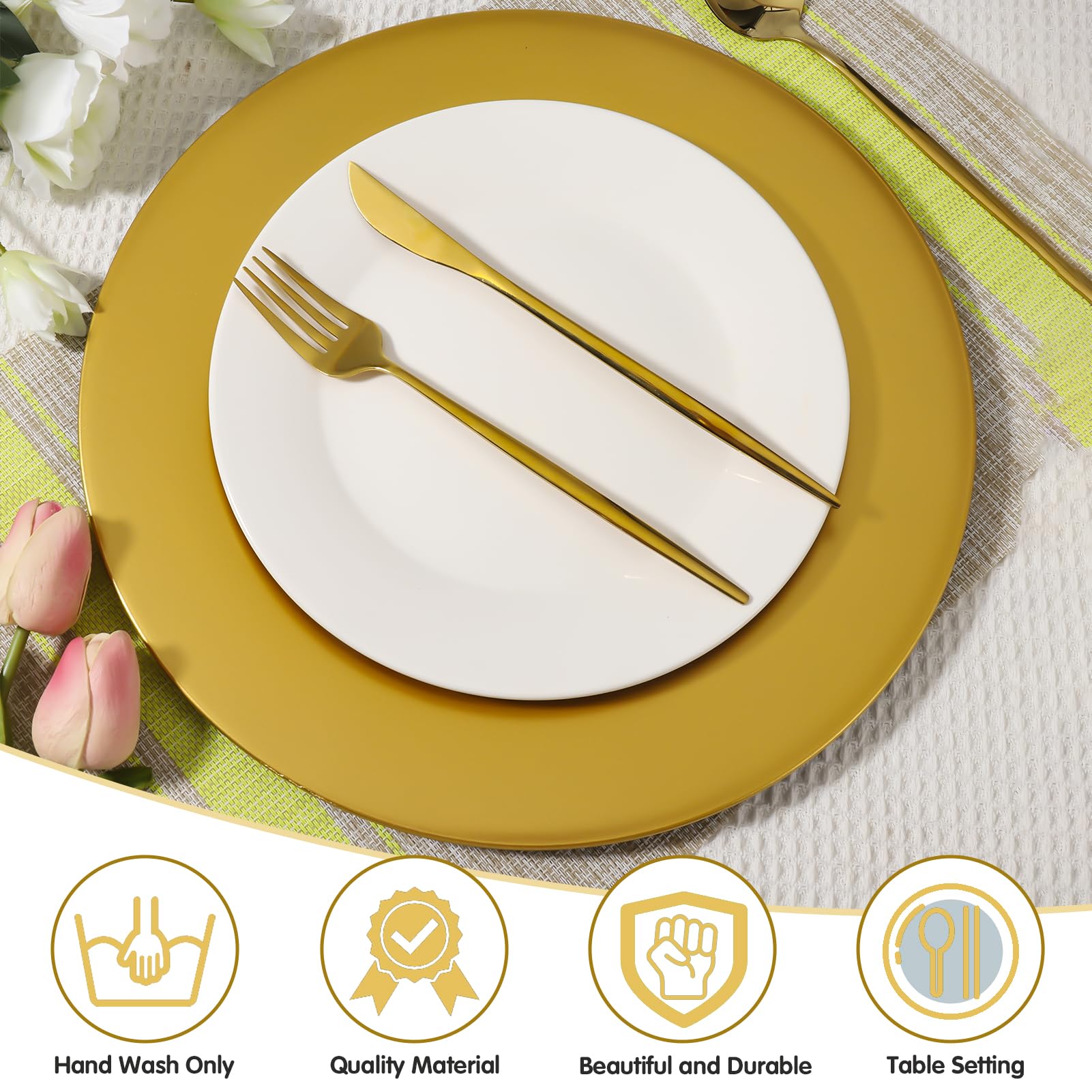 Hoemwarm gold charger plates ideal for holiday gatherings and parties.