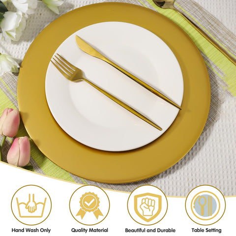 Hoemwarm gold charger plates ideal for holiday gatherings and parties.