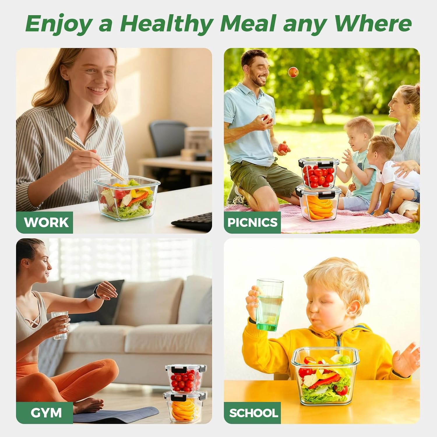 Hoenjuno borosilicate glass meal prep containers, oven-safe for versatile cooking.