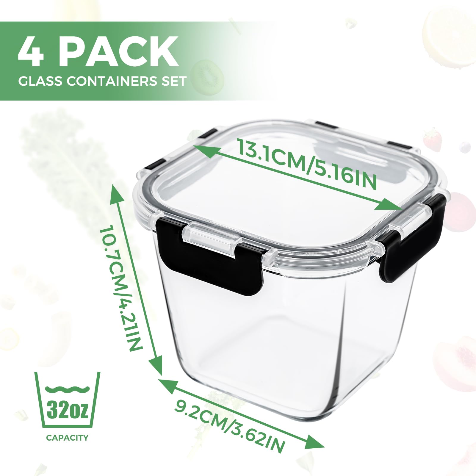 Hoenjuno four-pack glass containers with lids, ready for microwave reheating and leftovers.