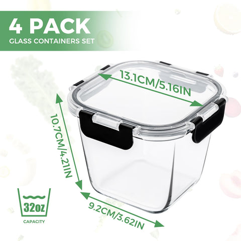 Hoenjuno four-pack glass containers with lids, ready for microwave reheating and leftovers.