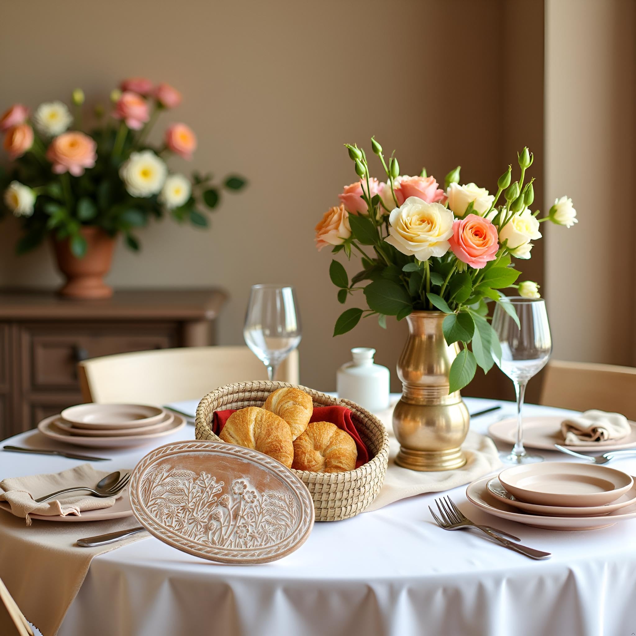 Versatile HofArtisan warmer basket shown as a table centerpiece with breads