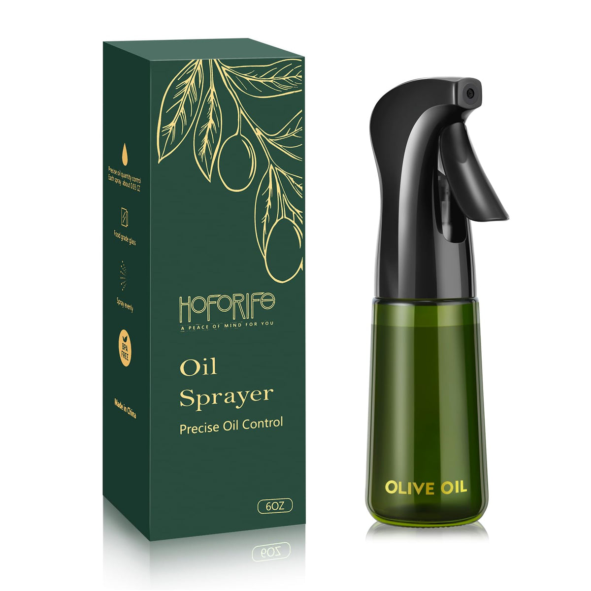 hoforife 6oz glass olive oil sprayer bottle with light-blocking green glass for freshness