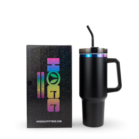 Hogg 40 oz traveler rainbow-plated black tumbler with durable powder-coated surface ready for engraving