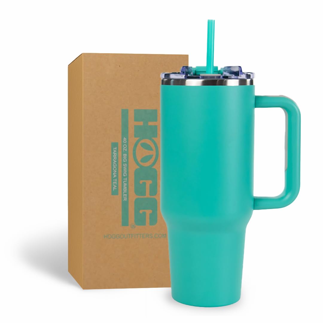 Hogg Big Swig 40oz tumbler in Tarragona Teal with ergonomic handle for easy grip.