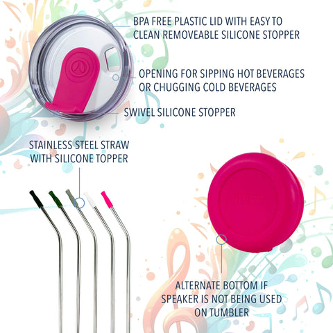 Hogg Bluetooth speaker attachment on pink tumbler for portable audio.