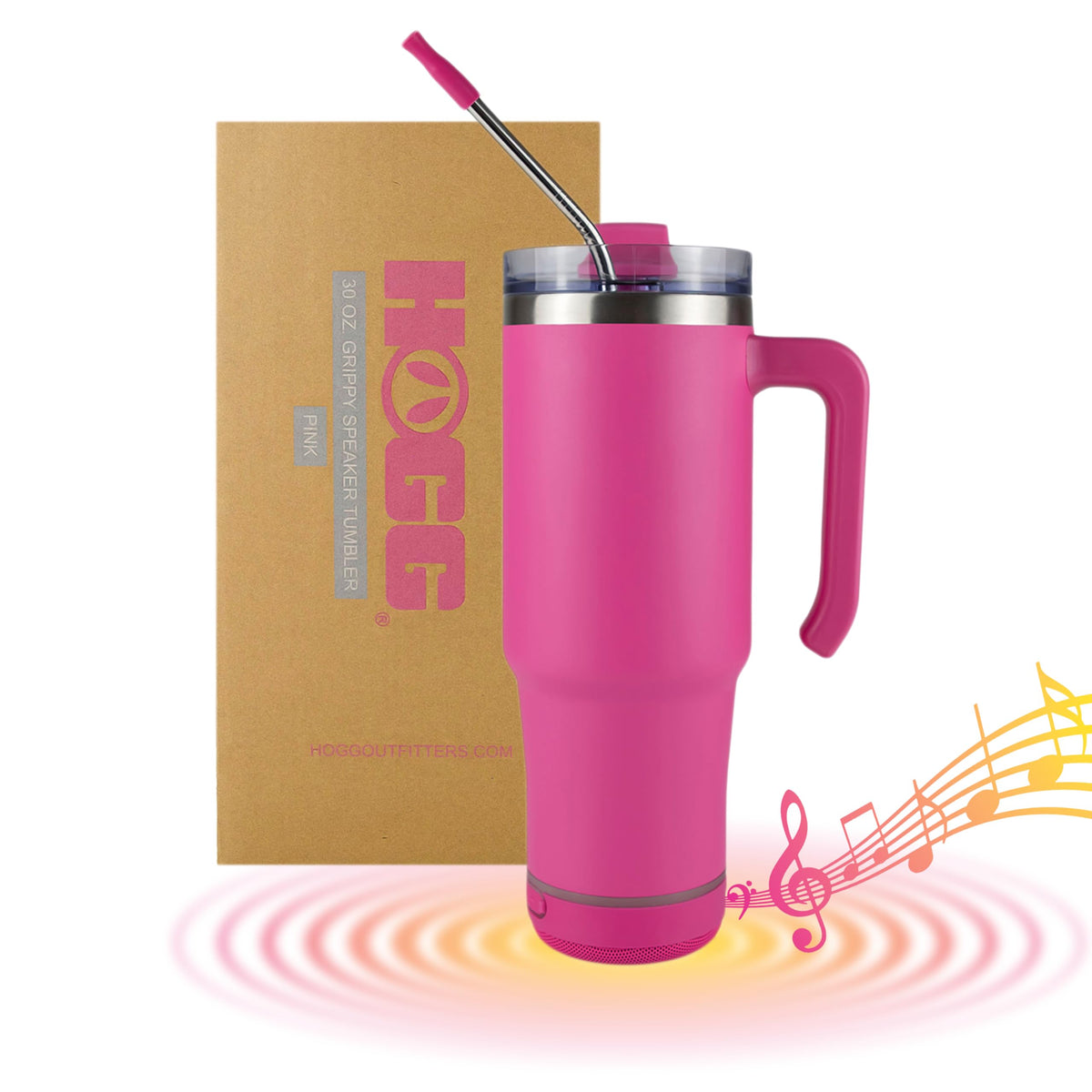 Hogg Bluetooth tumbler 30oz with pink lid, durable grip for on-the-go use.