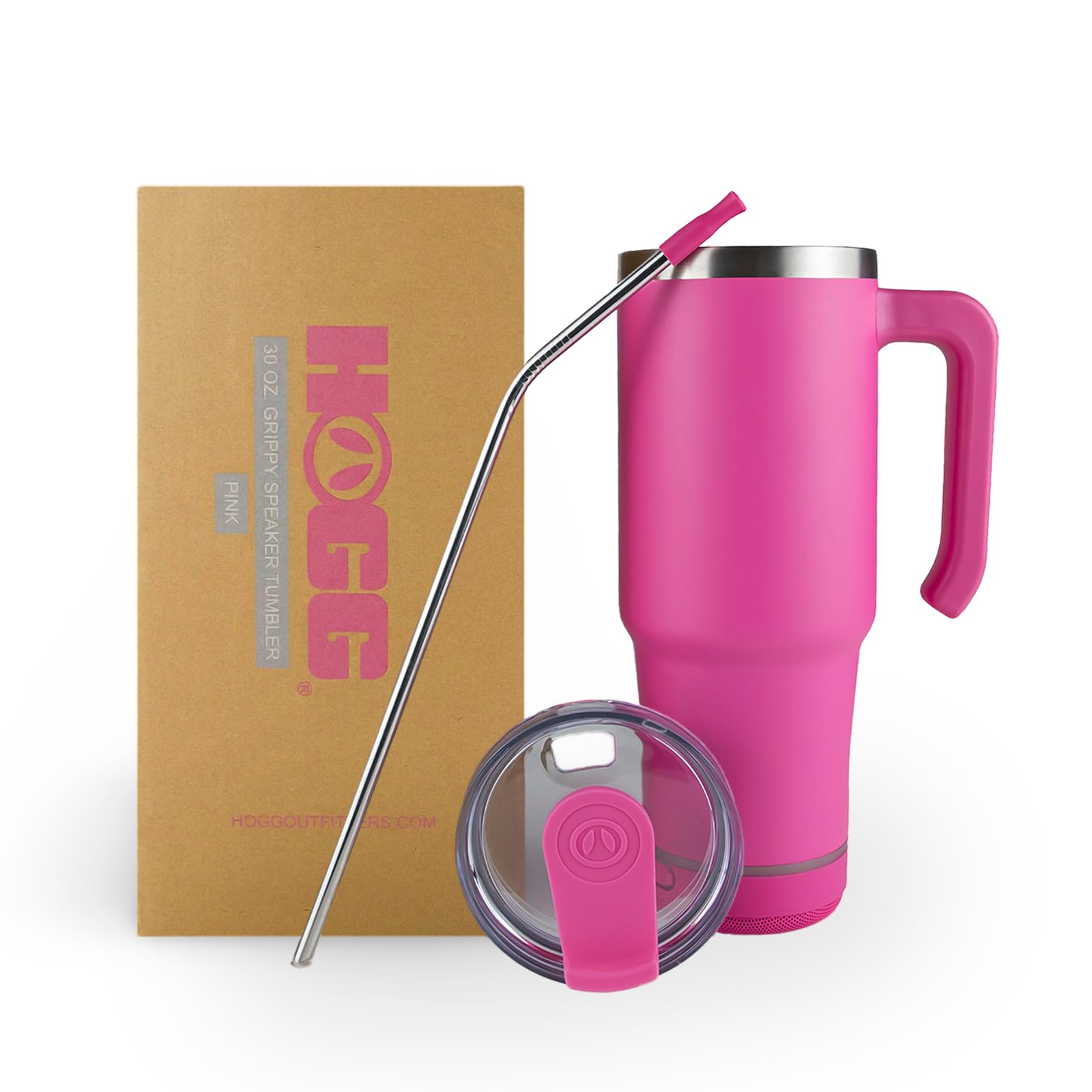 Hogg pink lid and silicone straw topper with 30oz cup.