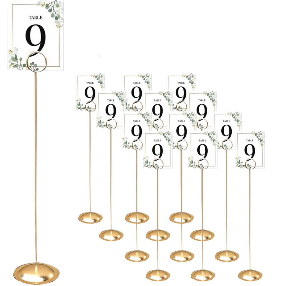 HOHIYA metal table number holders in brass-gold finish, sturdy 12-pack for elegant events.