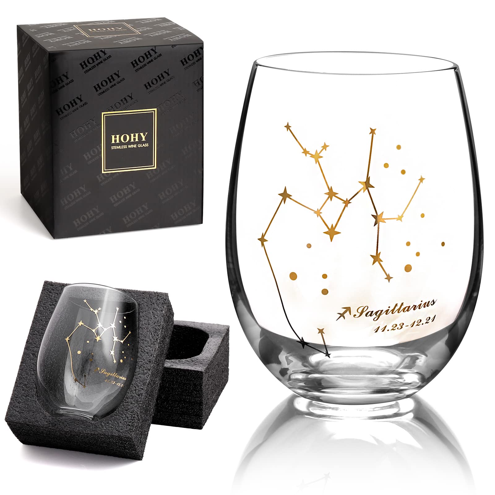 HOHY Sagittarius zodiac wine glass 20oz angled view enhances grip and elegance