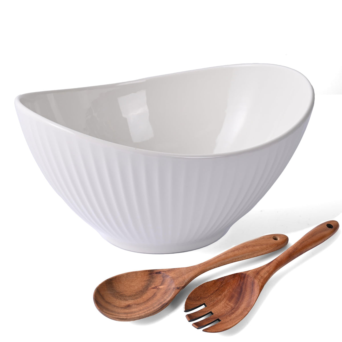 Hoilse ceramic oval salad bowl, top view, highlighting generous 60 oz capacity for gatherings.