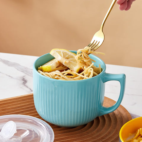 Hoilse stack of blue soup bowls saving space in the kitchen.