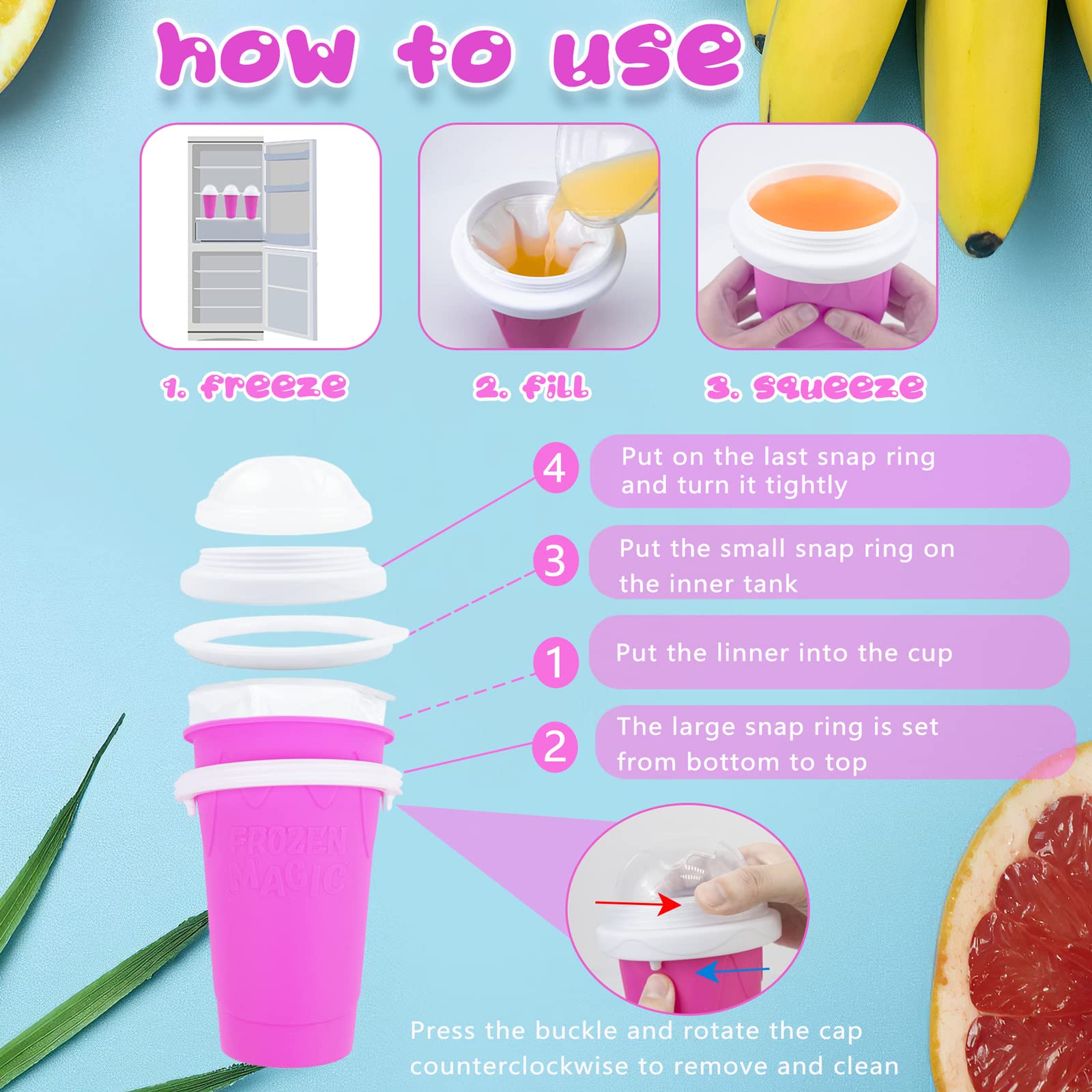 Hoinvaet Magic Slushy Maker Cup pink in-fridge freeze layer ready for next smoothie