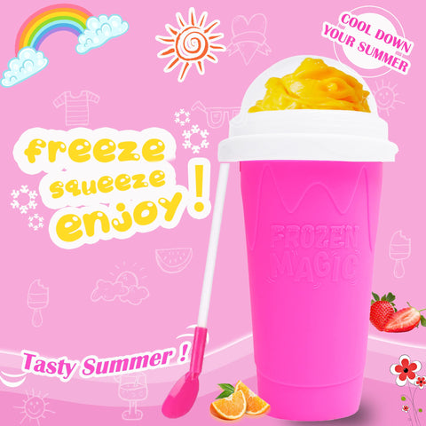Hoinvaet Magic Slushy Maker Cup pink during squeeze action for fast, refreshing treats